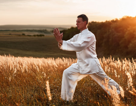 A person practices tai chi in golden fields at sunset, embracing mindfulness and relaxation.の素材
