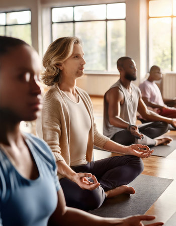 Participants engage in meditation, embracing self love and reflection in a lively urban setting.の素材