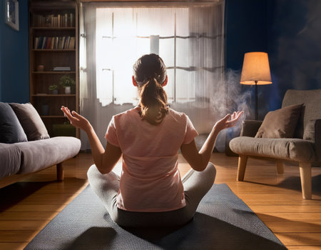 A person finds calm and clarity in a bright urban room, reflecting and meditating peacefully.の素材