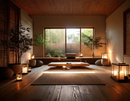 Soft candlelight fills a serene space with nature, encouraging relaxation and reflection.の素材