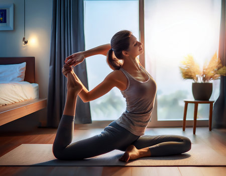 A person in a deep yoga pose enjoys soft sunlight in a calm, serene space.の素材