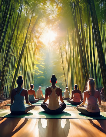 Participants enjoy a calming meditation amidst lush green bamboo, embracing relaxation.の素材