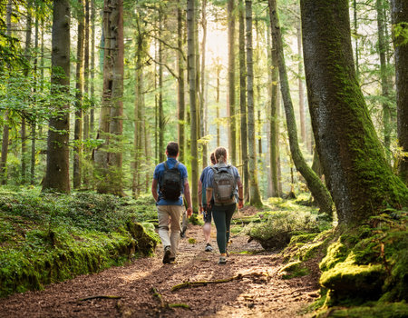 Two individuals walk along a sun dappled trail through serene, lush green woods, enjoying nature.の素材