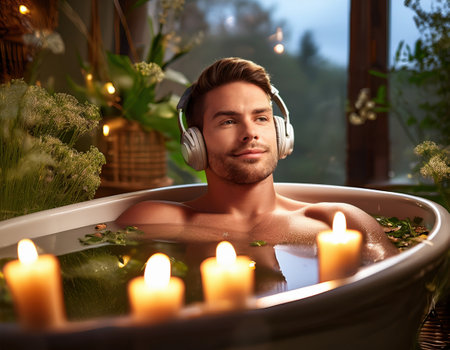A person soaks in a tranquil bath with fresh herbs and soothing music.の素材