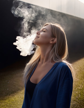 A serene moment of self reflection as a woman enjoys a peaceful breath in a tranquil garden.の素材