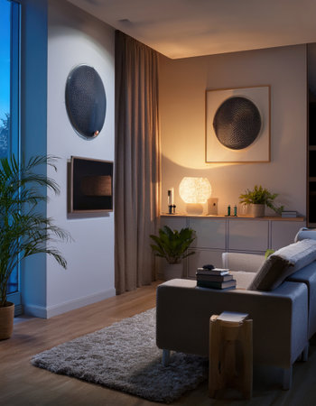 A cozy, modern living area with soft lighting, plants, and a serene space for meditation.の素材