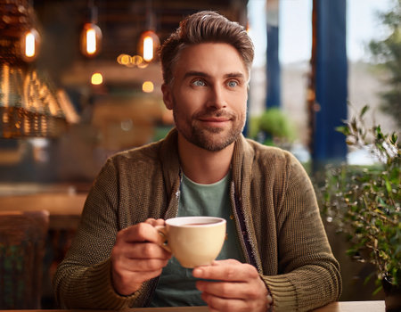 A man relaxes in a lively urban cafe, savoring a warm drink while reflecting on self care.の素材