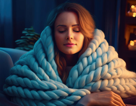 A woman relaxes in a soft blanket, reflecting on self love in her cozy space.の素材