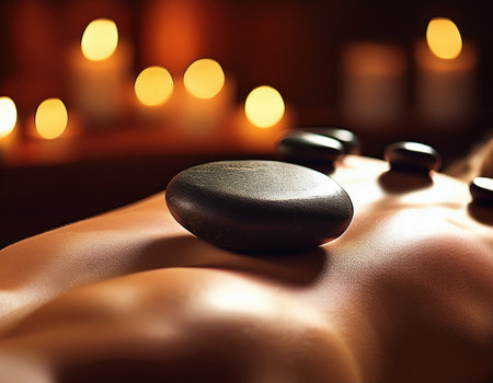 Experience tranquility with heated stones placed gently on skin amidst warm candlelight.の素材