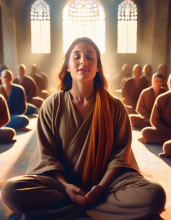 A woman sits in meditation among a group, absorbing vibrant light in a modern, tranquil space.の素材