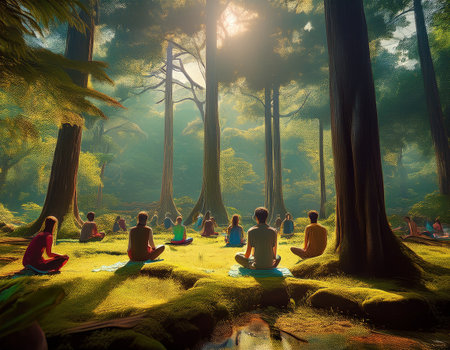 Groups relax and practice self love in a vibrant forest oasis through meditation.の素材