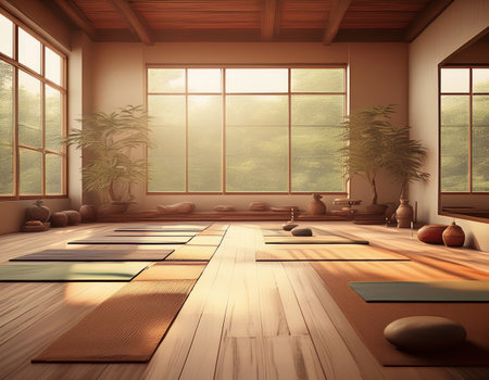 Sunlight pours into a tranquil room filled with yoga mats and calming decor perfect for relaxation.の素材