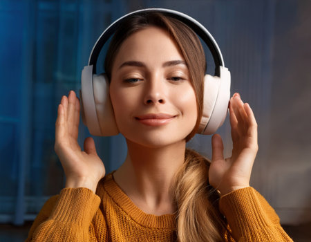 A young woman finds tranquility while enjoying rich sounds with headphones in a cozy urban space.の素材