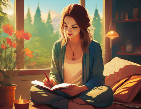 A young woman sits cross legged on her bed, writing in her journal, surrounded by bright flowers.の素材