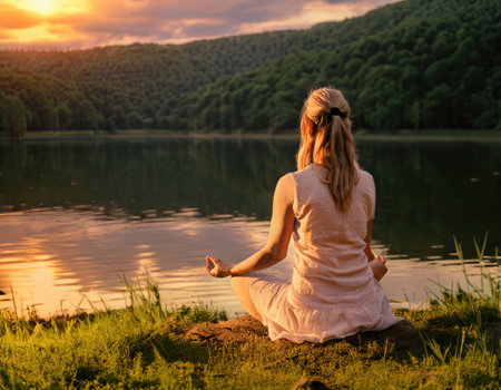 Relaxing by a peaceful lake, embracing self care and meditation as the sun sets over the horizon.の素材