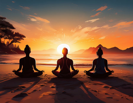 Silhouetted figures meditate on a tranquil beach at sunset, promoting relaxation and well being.の素材