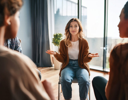 A woman hosts a vibrant self care session, fostering a welcoming space for relaxation.の素材