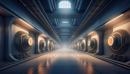 A long corridor features intricate tech designs with glowing machinery on both sides.の素材