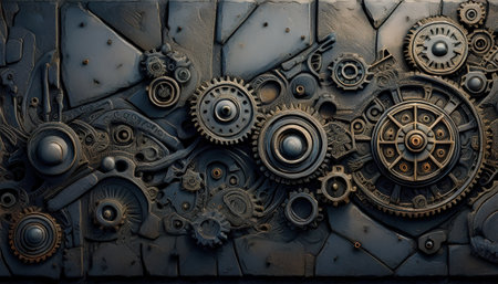 Modern design features an intriguing display of gears and mechanics on a textured background.の素材