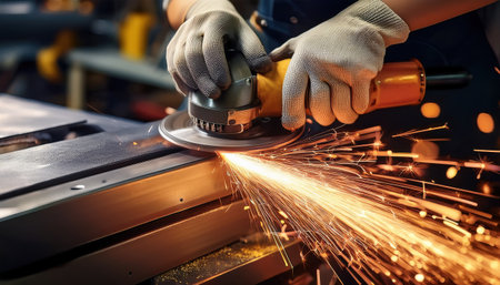 Craftsman skillfully operates a grinding tool, creating sparks in a busy workshop setting.の素材