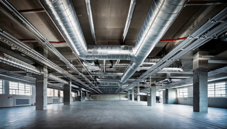 Vast interior features industrial elements with exposed structures and contemporary finishes.の素材