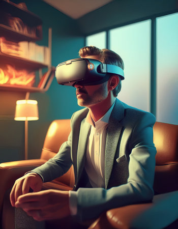 A person relaxes in a stylish room while enjoying a vibrant virtual reality session.の素材