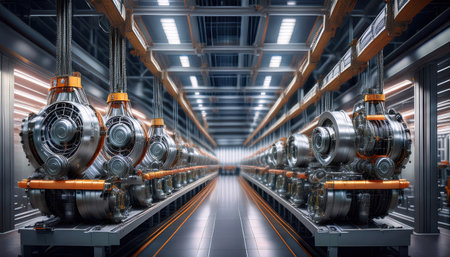 Neatly arranged advanced machinery showcases contemporary design in a spacious industrial setting.の素材
