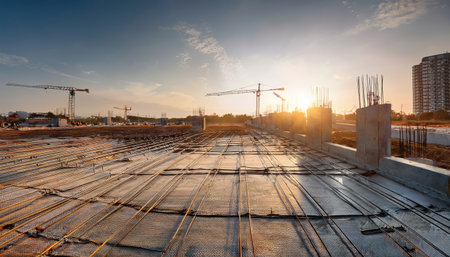 Morning light warms a busy construction site, illuminating cranes and concrete.の素材