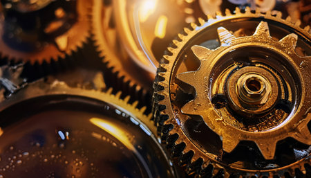 Close up view showcases shiny gears interlocked in a contemporary industrial environment.の素材
