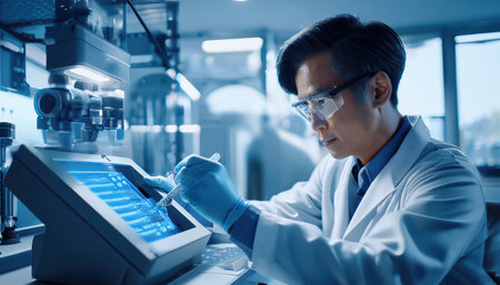 Technician in lab coat meticulously analyzes data on a high-tech display while working on machinery.の素材