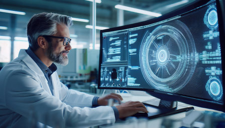 A technician works diligently, analyzing complex machinery data on a large screen.の素材