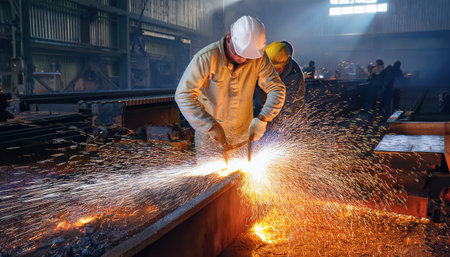 Skilled laborers operate machinery, creating sparks amidst a bustling manufacturing environment.の素材