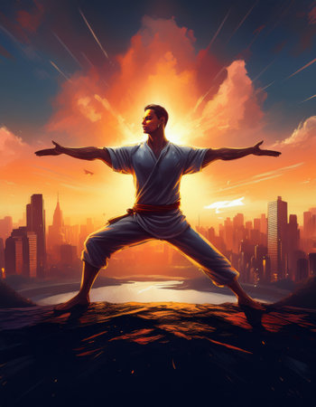 A person stands in a warrior pose at sunset, embodying confidence and self care.の素材