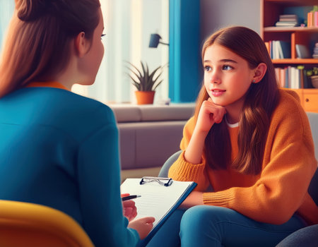 A young girl and her mentor share an important conversation in a bright, colorful room.の素材