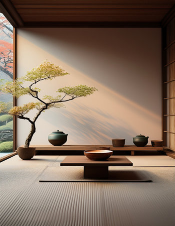 A serene indoor setting with a bonsai tree, inviting tranquility and reflection during me time.の素材