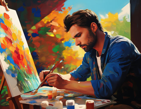 A person engages in the therapeutic art of painting, surrounded by natures colors and tranquility.の素材