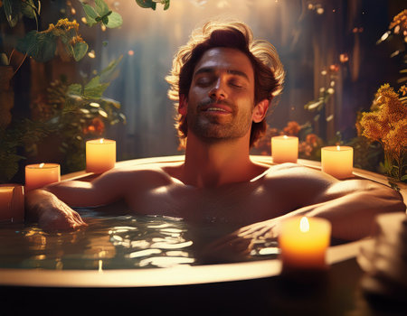 A person enjoys a calming bath in a beautifully lit urban retreat surrounded by glowing candles.の素材