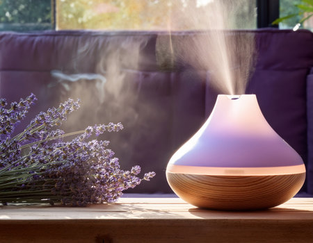 A relaxing afternoon with soothing lavender scent and mist in a modern space.の素材