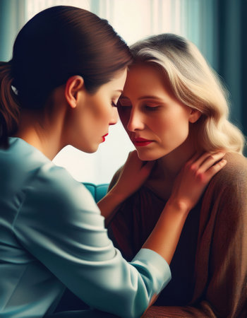 Two women share a heartfelt self care moment in a vibrant urban setting.の素材