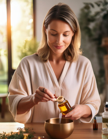 A person enjoys a moment of tranquility while preparing essential oils in a cozy, sunlit space.の素材