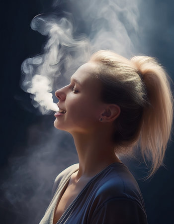 A person reflects peacefully, surrounded by gentle smoke she exhales.の素材