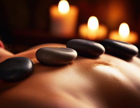 Enjoying a tranquil moment of self love with heated stones and soft candlelight for relaxation.の素材