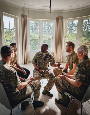 Military personnel gather in a modern space to share ideas and build connections.の素材