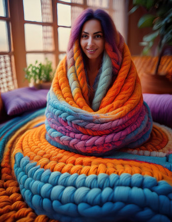 Wrapped in a colorful blanket, a woman enjoys moments of self love and tranquility indoors.の素材