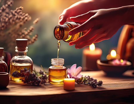 Hands pour essential oils into a glass container, surrounded by calming candles and flowers.の素材