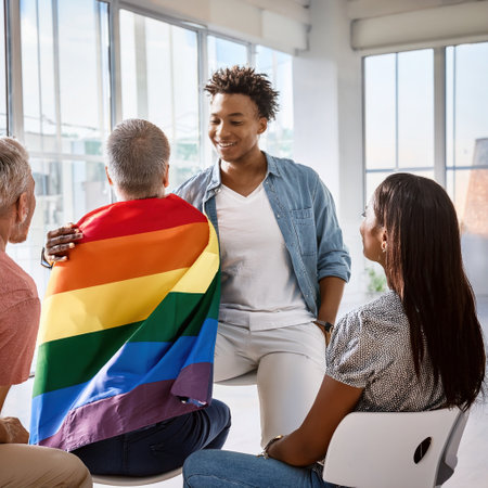 A group meets in a vibrant urban area to discuss self care and relaxation.の素材