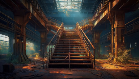 An abandoned industrial site features rusty beams, overgrowth, and a dimly lit staircase.の素材
