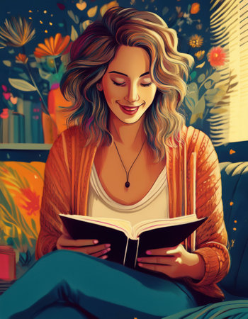 A calm person reads a book in a cozy, colorful space filled with plants and flowers.の素材