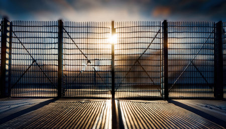 Sunlight filters through modern fences, casting shadows on an industrial area during twilight.の素材