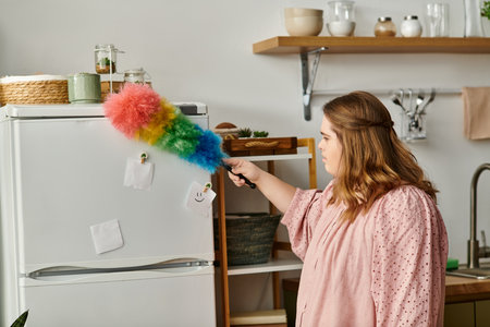 In a warm and inviting kitchen, a young woman is happily dusting her fridge with a colorful duster.